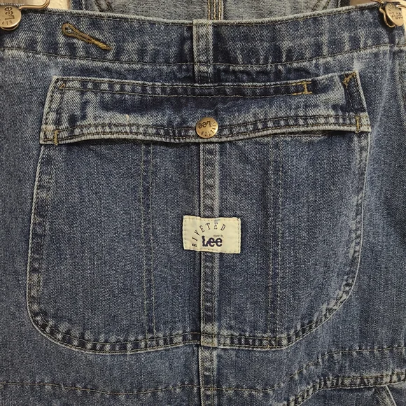 Vintage Lee Riveted Jean Shortalls Blue Denim Jorts  Womens XL R Garden Girl - Picture 3 of 9
